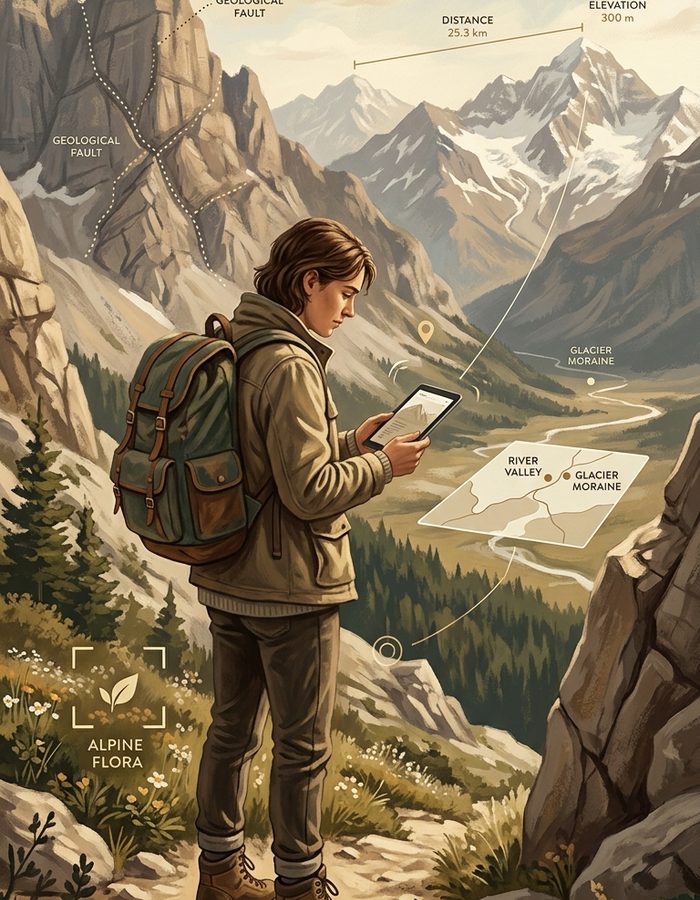 A student using a tablet with augmented-reality overlays in a mountain landscape