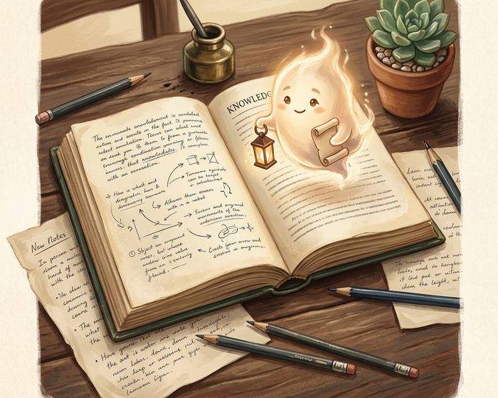 An open book with a glowing AI assistant guiding a learner