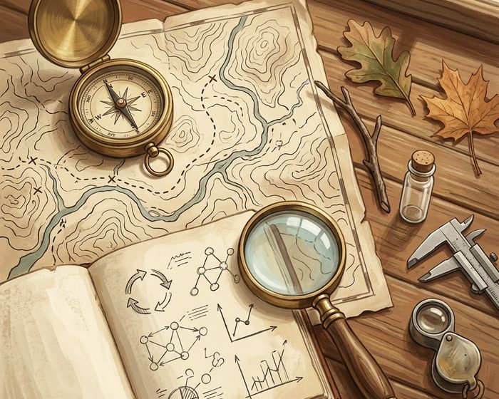 A compass, map and field notebook laid out for a project
