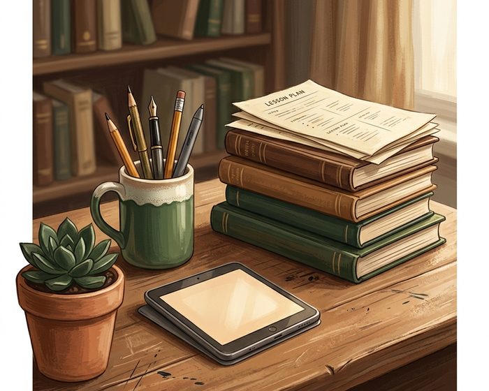 A cozy teacher's desk with books, notes and a tablet