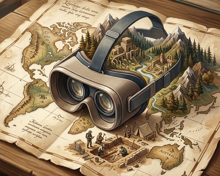 A VR headset revealing a miniature real-world landscape