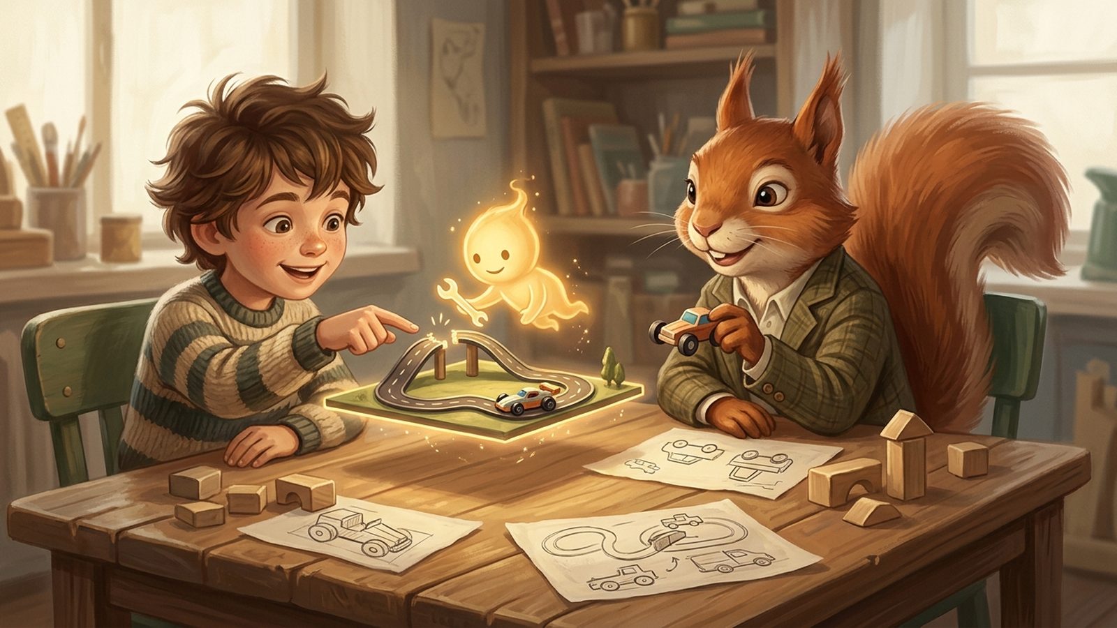 A child directing a small glowing AI helper building a toy race track, while a squirrel mentor holds a toy car ready to test it