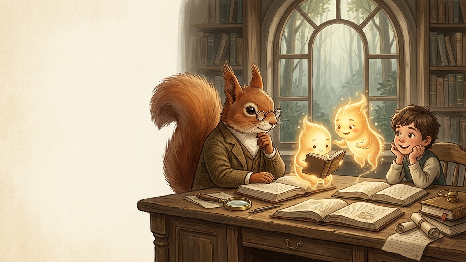 A squirrel mentor and a child watching two small glowing AI helpers read and check a book together