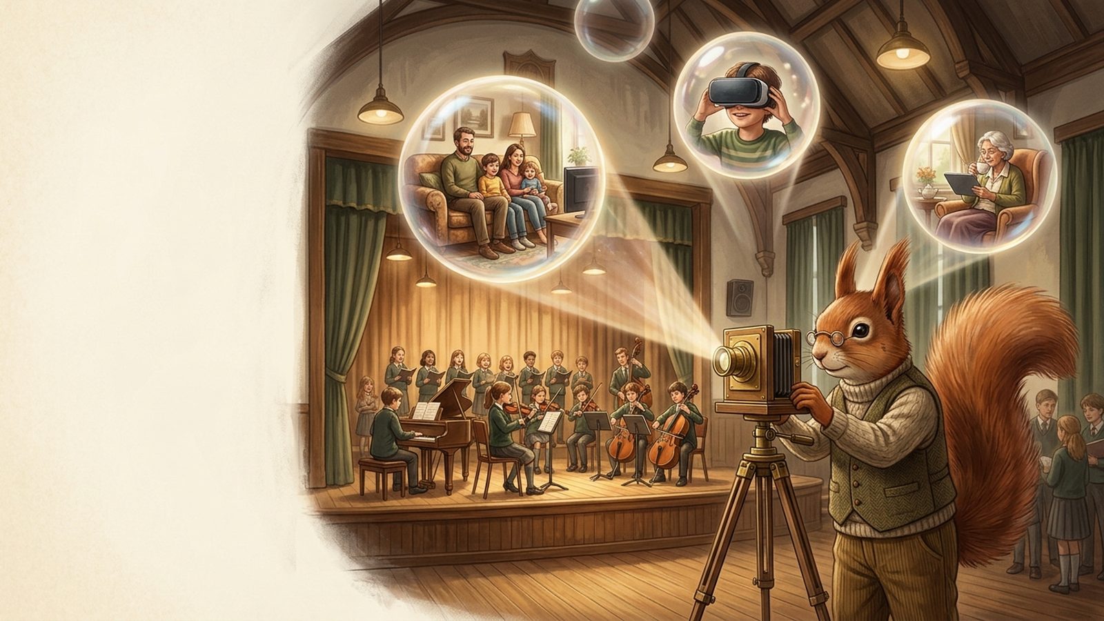 A squirrel operator filming a student concert, the broadcast splitting into glowing orbs showing a family at home, a child in a VR headset, and a grandparent watching on a tablet