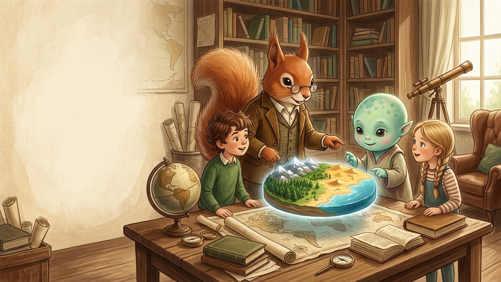 A squirrel mentor, two children and a friendly alien visitor examining a glowing miniature diorama of Earth's biomes