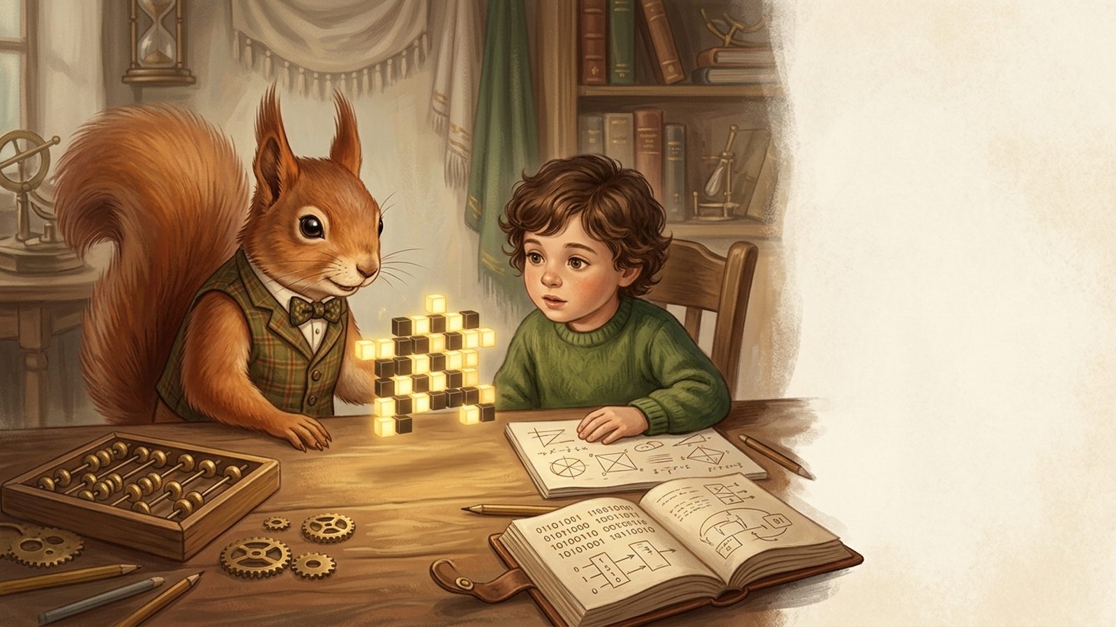 A squirrel mentor and a child looking at a glowing grid of golden cubes forming a binary pattern above a desk