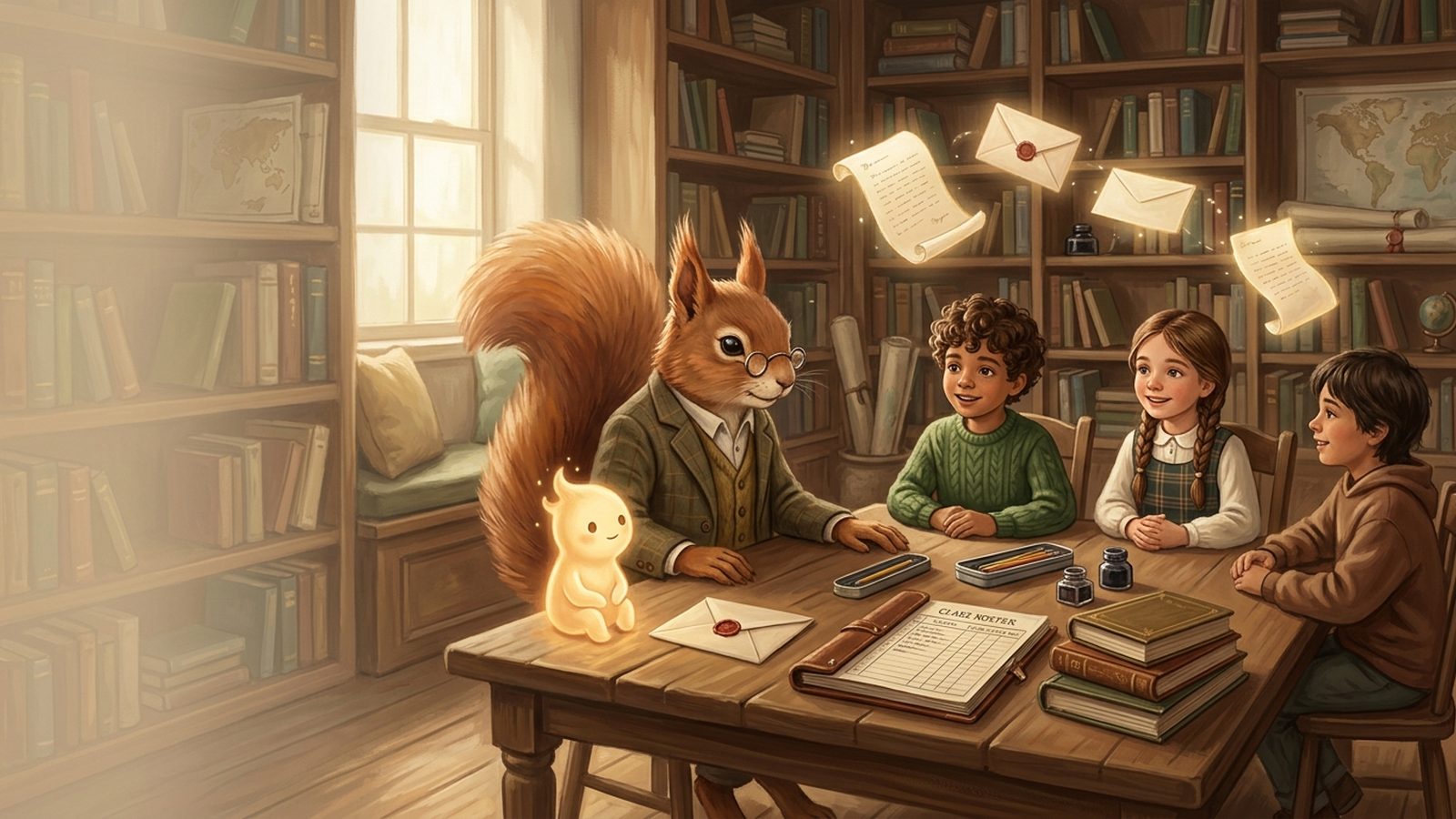 A squirrel mentor and children at a table with glowing letters passing between them, and a small attentive AI helper waiting quietly at their side