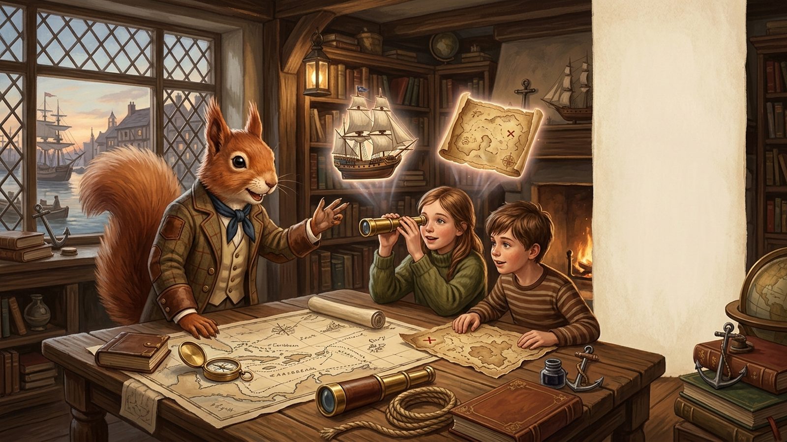 A squirrel mentor and two children examining a sea chart, with a glowing miniature ship and treasure map floating above the table