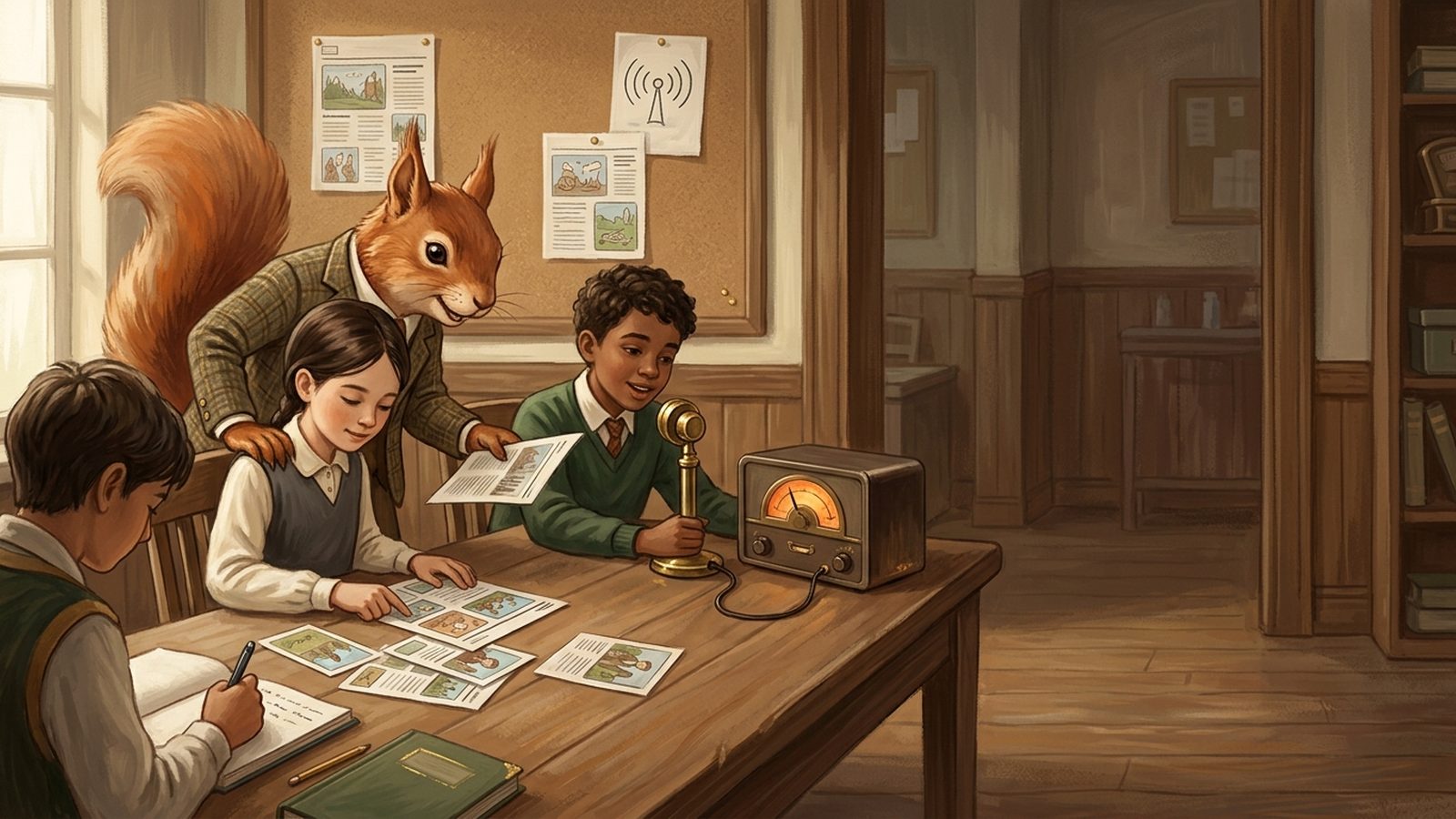 Students in a school newsroom writing, laying out illustrated story cards and speaking into a radio microphone, with a squirrel mentor looking on