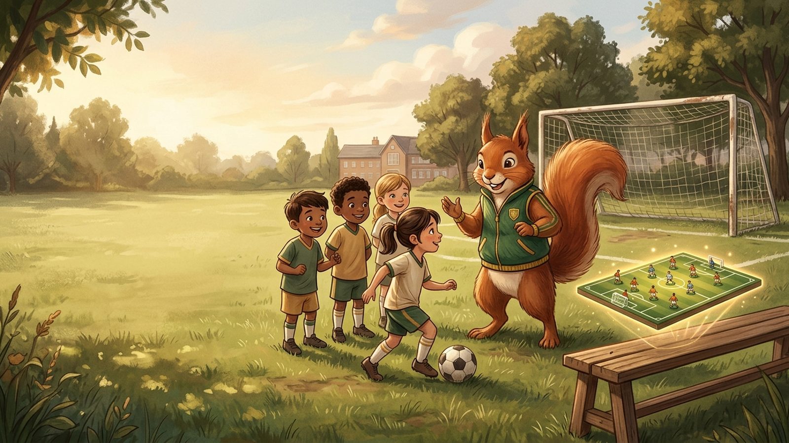 A squirrel coach and children playing soccer on a school field, with a glowing miniature tactical diagram on a nearby bench