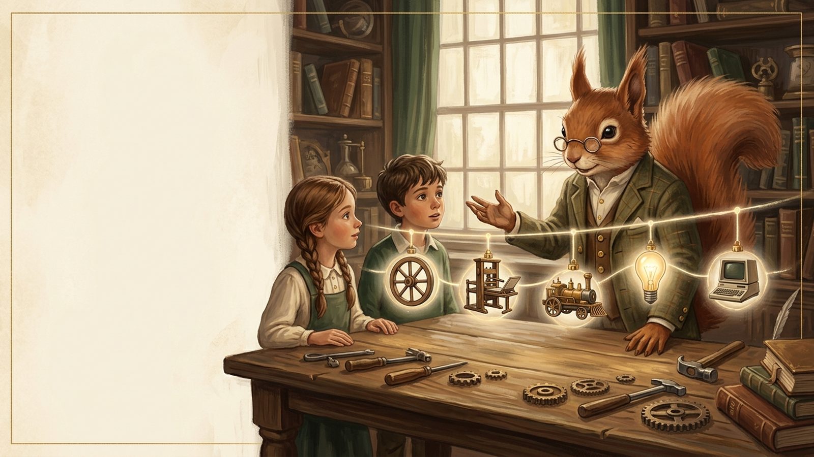 A squirrel mentor and two children looking at a glowing timeline of miniature inventions floating above a workshop table