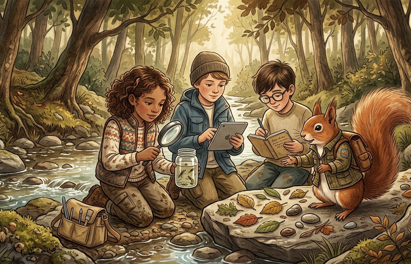 Children and a squirrel mentor examining a stream during fieldwork