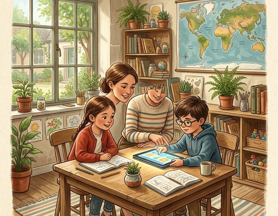 A teacher and two students learning together with a tablet in a bright classroom