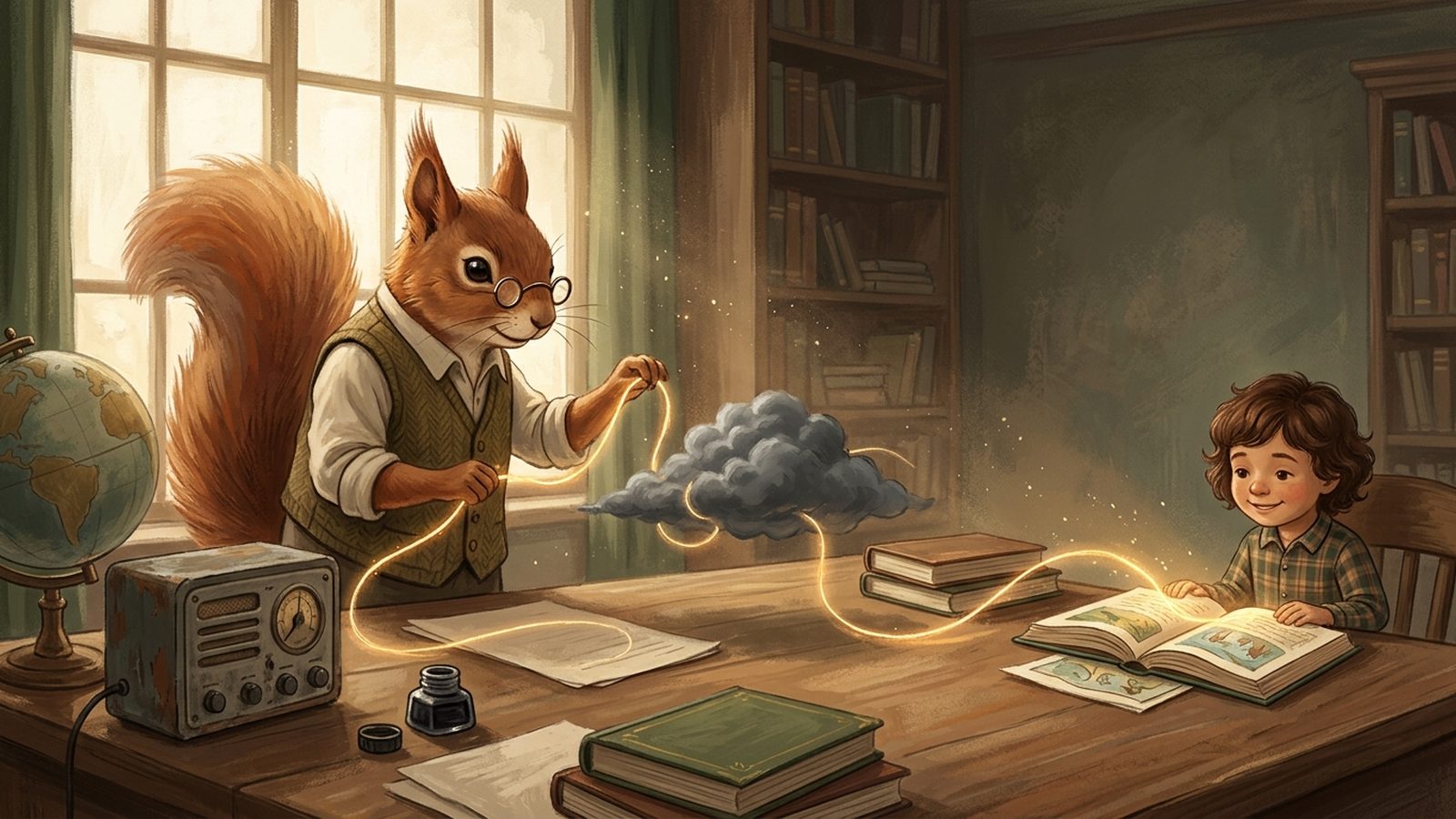 A squirrel researcher guiding a thin glowing thread of light around a small storm cloud toward a child reading a book on the other side of a desk