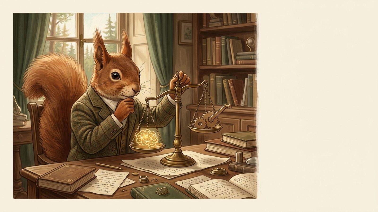 A squirrel researcher weighing a glowing neural web against a plain gear mechanism on a brass balance scale