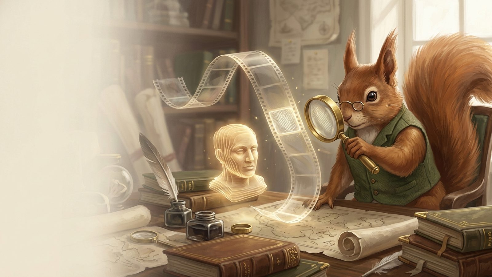 A squirrel researcher examining a glowing film strip with a loupe, beside a sculptural bust of a face made of layered translucent frames of light