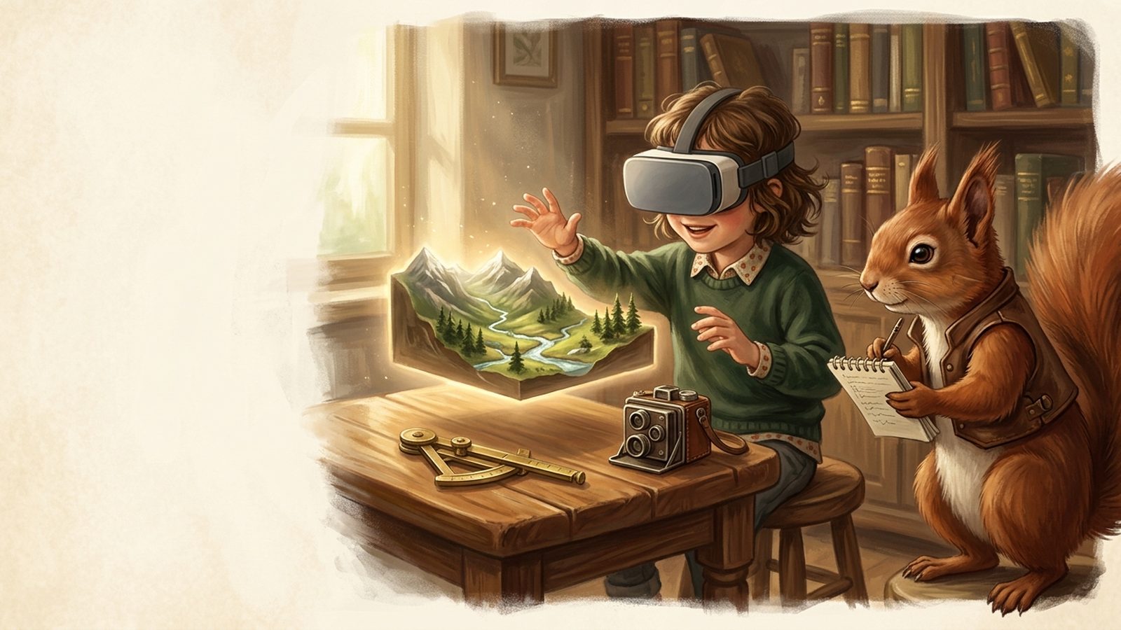 A squirrel researcher taking notes while a delighted child in a VR headset reaches toward a small glowing miniature diorama of a mountain valley